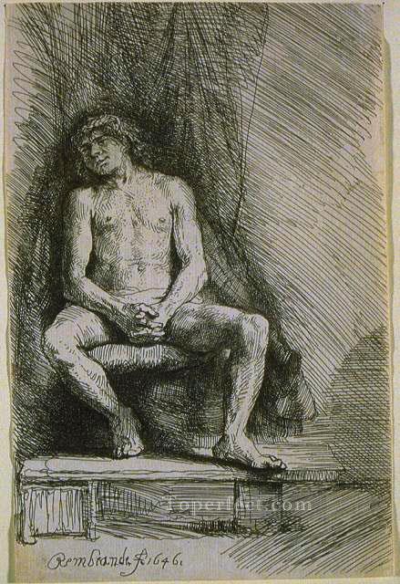 Study from the Nude Man Seated before a Curtain SIL Rembrandt Oil Paintings